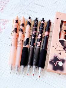 6pcs High-Quality Metal Ballpoint Pens, 0.5mm Black Ink, Black Cream Butterfly Design, Great As New Year Gift