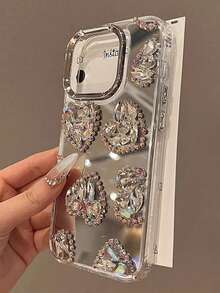 Mirror Silver Rhinestone Heart Phone Case Compatible With IPhone 17 Pro Max/17 Pro/17, 16 Pro Max/16 Pro/16/15 Pro Max/15 Pro/15, New 14 Pro Max/13 Pro/13/12/11 - Multicolor - View 3