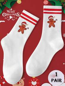 1 Pair Women's Christmas Gingerbread Mid-Calf Socks, Holiday Cute Style, Moisture-Wicking & Breathable, Suitable For Christmas Party/Holiday Fashion Enthusiasts - Multicolor - View 2