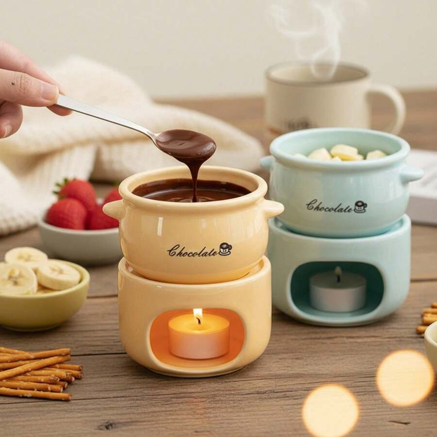 1 Set Ceramic Chocolate Melting Oven, Cheese/Ice Cream Mini Hot Pot Baking DIY Kit, Ceramic Butter Warmer Set, Designed For Cheese/Chocolate/Caramel Cooking - Multicolor - View 1