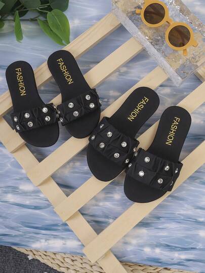 1 Pair Girls' Summer Fashion Slippers, Solid Color PU Upper With Rhinestone Design, Soft Sole Comfortable Suitable For Older Kids, Indoor & Outdoor Wear