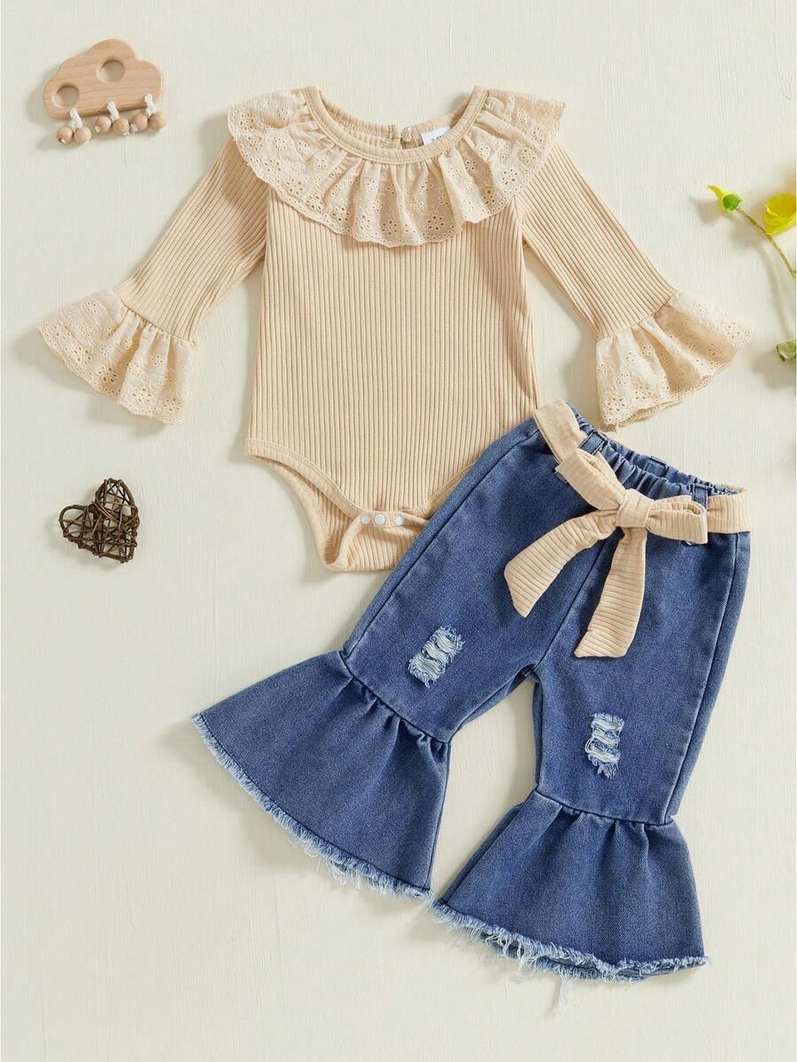 Baby Girls 2 Piece Outfits Ruffle Long Sleeves Romper And Ripped Denim Flare Pants Toddler Fall Clothes - Khaki - View 1