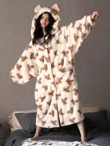 1件装冬季睡衣 - 加厚抓绒连帽浴袍，小熊图案，长袖家居服，保暖舒适，可爱动物睡衣，寒冷天气必备，适合居家、水疗或送礼，可爱睡衣款式，水疗浴袍 - 彩色 - 查看 6