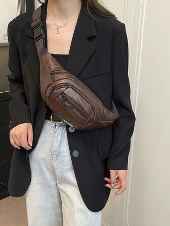 Women's Vintage Multi-Layer Waist Bag/Chest Bag/Crossbody Bag, PU Leather