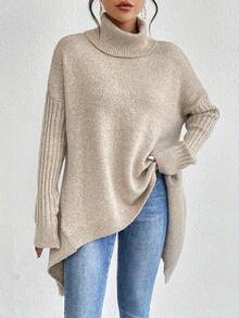 Women's Turtleneck Knit Sweater, Spring Fall Warm Top, Relaxed Fit Long Sleeve Blouse, Comfortable Seasonal Wear, Daily Casual Sweater - 卡其色 - 查看 2