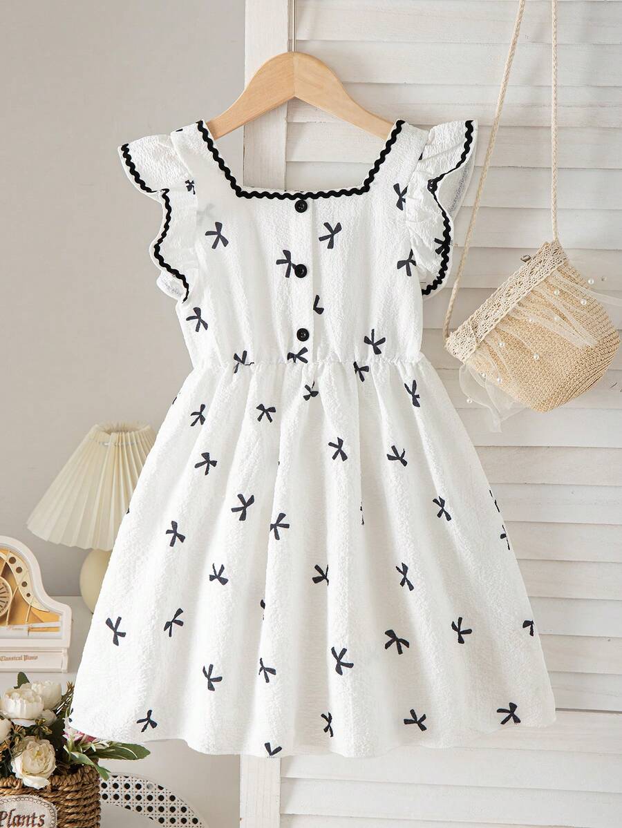Girls' Casual Butterfly Print Bow Tie Splice Design Sleeveless Knee-Length Dress, Summer - White - View 1