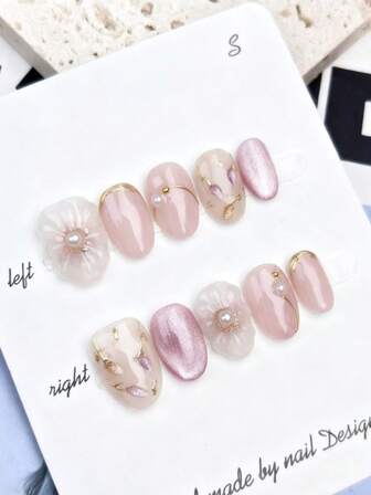 10Pcs Medium Oval Sweet Pink Pearl & Gold Line 3D Flower Press On Nails, Shiny Glitter & Delicate Decor Design, Perfect Fit False Nails Kit For Women Daily Life, Dating & Office Use.Handmade Press On Nails,Fake Nails,Premium Nail Art Supplies..