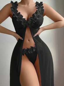 2件套女士性感透视网纱蕾丝露背低胸花朵开衩吊带长裙，性感内衣，适合居家、夜店或私人派对穿着，性感内衣 - 黑色 - 查看 2