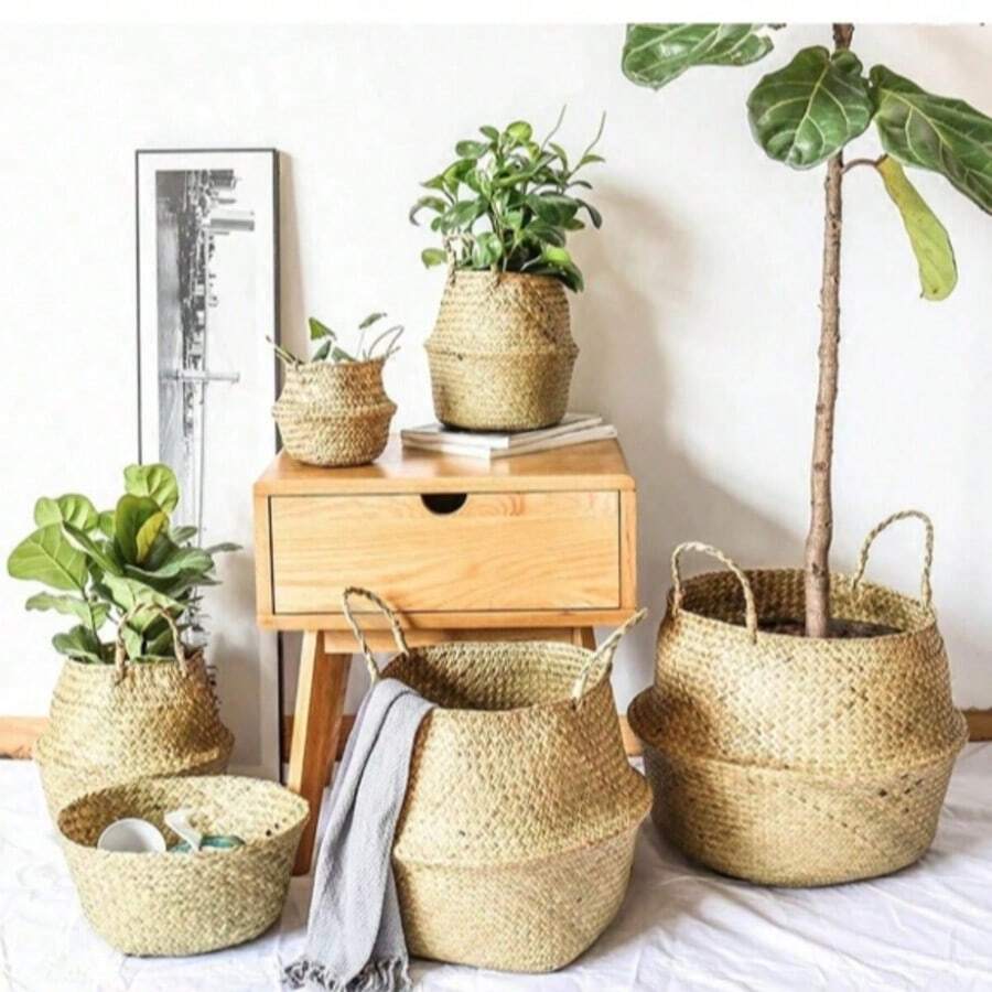天然海藻手工编织篮 | 可折叠，适合用作收纳篮/洗衣篮、洗碗篮和花盆（适合种植绿色植物），简约风格，适合家居、花园、民宿客厅、网红装饰和多功能收纳。