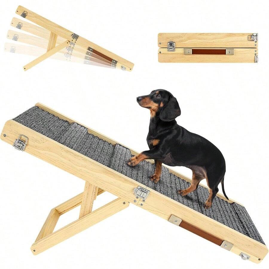 2025 Upgraded Dog Ramp For Couch Foldable Small Dog Ramp For Low Bed 4 Adjustable Height From 13'' To 21" Portable Stable Pet Steps With Non-Slip Pad Pet Ramps Use For Sofa Couch Stairs - A-wood Color - View 1