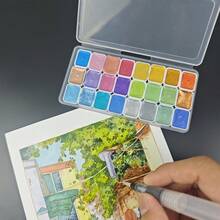 24色珠光水彩颜料套装 - 色彩鲜艳的实心包装，适用于中国画、唐卡书法和色彩丰富的艺术创作，适合专业艺术用途。