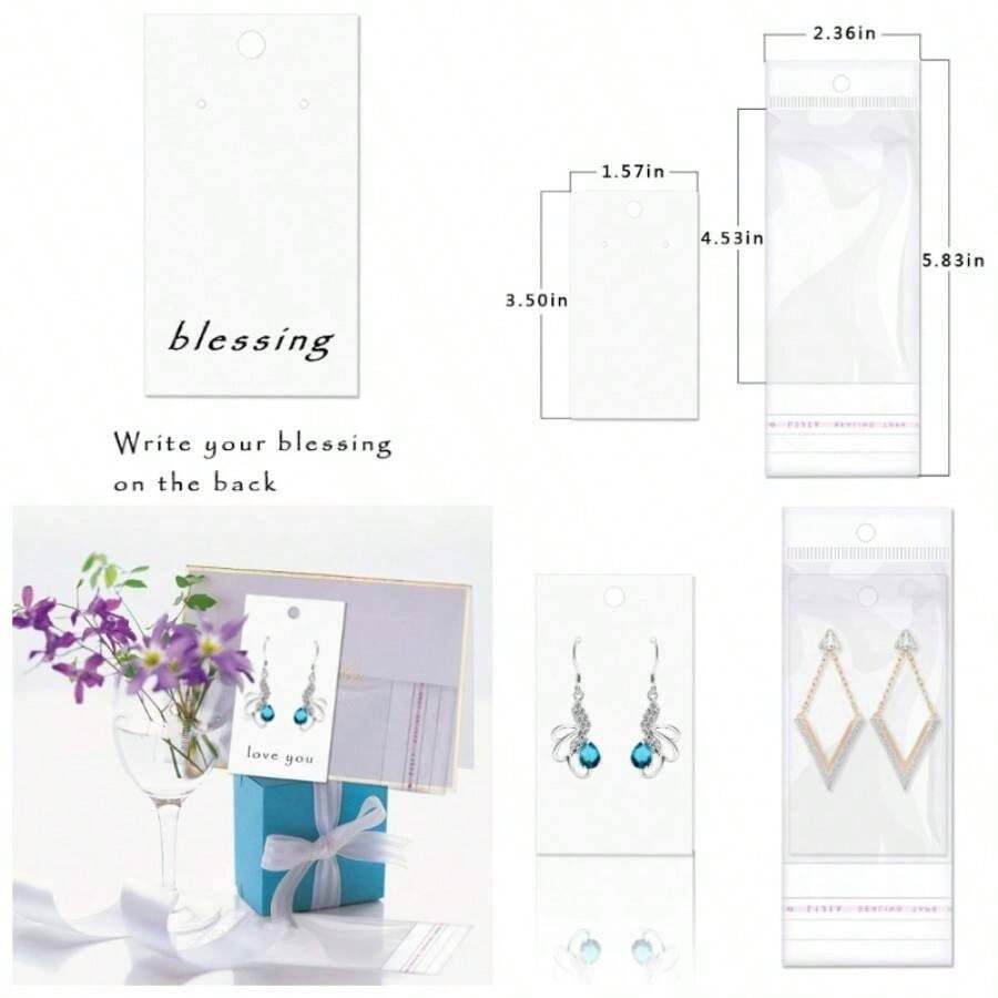 Tarjetas rectangulares de papel y plstico para joyera, color blanco con bolsas autoadhesivas, juegos - inicial - Ver 1