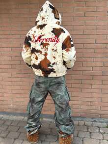 1pc Teenage Boys' Fleece Printed Hooded Full Zip Embroidered Jacket, Suitable For Autumn/Winter Wear, Warm And Casual, Unique Pattern, Great Gift Idea - Brown - View 2