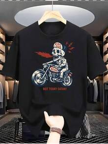 Camiseta gráfica de motocicleta con calavera para hombres - 100% algodón, atrevida "¡No hoy, Satán!" Camiseta estampada, top casual de cuello redondo transpirable para todas las estaciones, regalo de estilo biker genial para novio, atuendo diario, diseño audaz, material suave, camiseta de manga corta, entusiastas de la moda - Negro - Ver 2