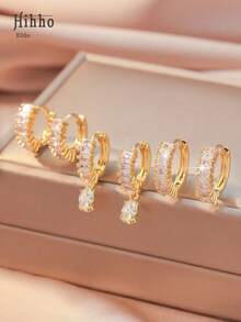 Hihho 3pairs/set Cubic Zirconia Decor Earrings - Yellow Gold - View 9