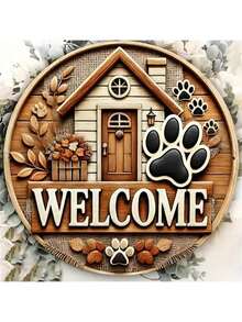 CIF BUY Puppy Paw Print Welcome Sign - 8x8 Inch Round Iron, Charming House Design - Living Room Decor - 彩色 - 查看 6