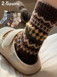 2/5双装女士多色组合袜子，菱形印花和费尔岛雪花图案，仿羊毛针织面料，加厚款，适合秋冬季节，男女皆宜，复古水手袜，适合居家、通勤、上学、约会、节日礼物 - 彩色 - 查看 11