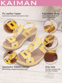 1 Pair Women's PU Leather Hollow Geometric Pattern Fashion High Heel Sandals, Suitable For Party, Beach, Holiday, Spring/Summer - Yellow - View 8