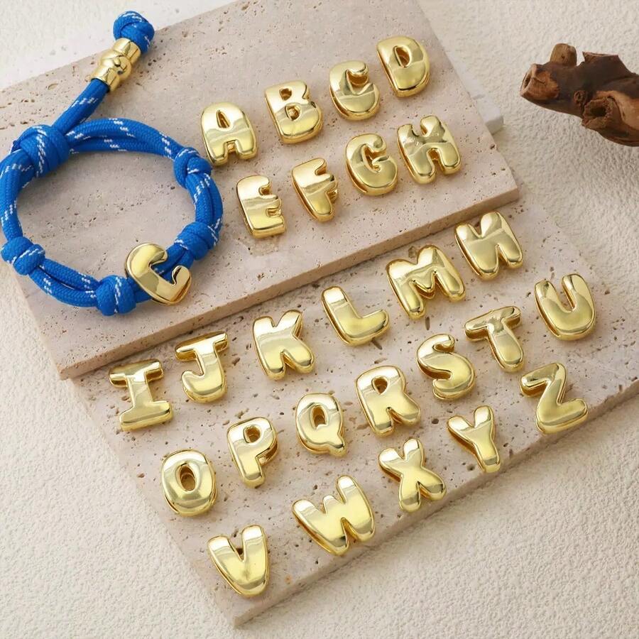 1 pieza Colgante de letra del alfabeto A-Z, Cuentas con agujero grande con inicial, Accesorio de joyería chapado en oro de 18K - Dorado - Ver 1
