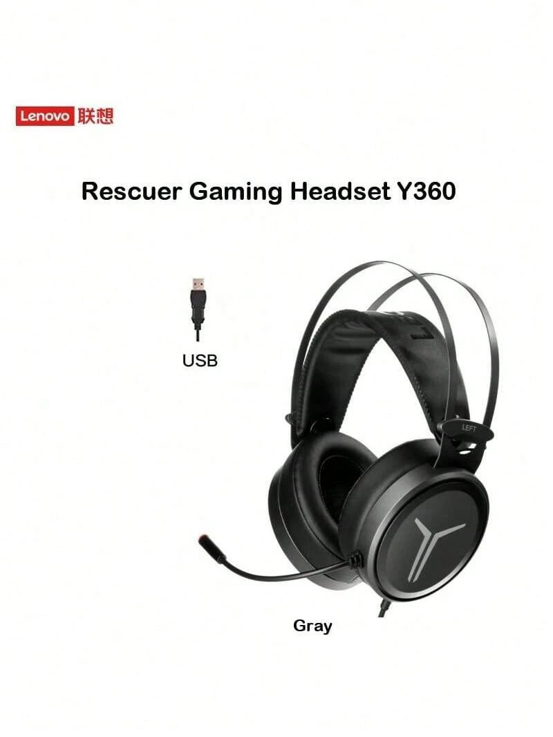 Auriculares para juegos Lenovo Legion Y360: sonido envolvente inmersivo, auriculares de espuma viscoelástica livianos, diadema ajustable, conexión de baja latencia, auriculares versátiles para juegos y uso en la oficina, con cable gris.