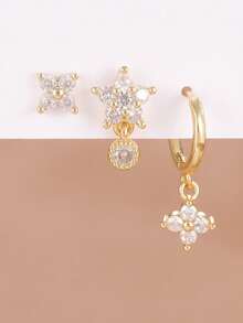 3PCS Light Luxury Exquisite Fashion Zirconia Flower Stud Earrings Set For Women 18K Gold Plated Small Snowflake Pendant Earring Engagement Birthday Jewelry Gift - 3pcs for One Ear - View 3
