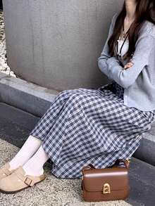 [Y6Y] Chân váy midi buộc dây bất đối xứng họa tiết kẻ caro chữ A dành cho nữ, thời trang thường ngày đa năng, vải dệt dài mềm mại không co giãn - Màu xanh lam - Xem 3