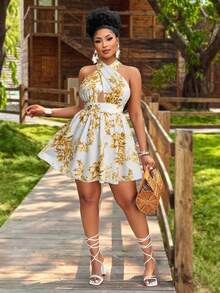 BIUBIU 大码女式夏季热带植物印花露背抹胸镂空无袖短裙，适合度假旅行（随机花卉图案）优雅 - 黃色 - 查看 1