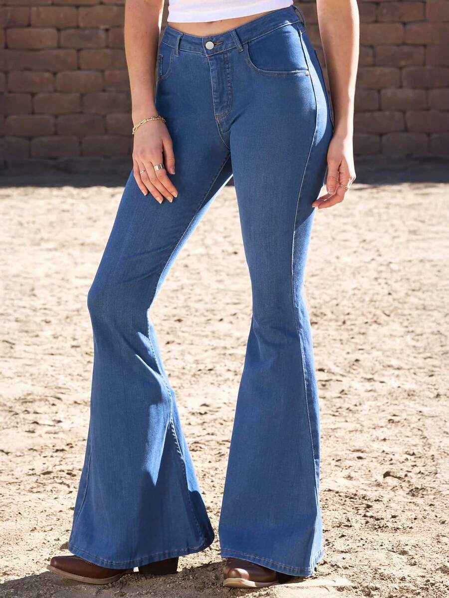 Quần jeans cạp cao, dáng ôm, co giãn, thanh lịch, thời trang, thoải mái, đa năng, phong cách đường phố mùa tựu trường, trang phục mùa xuân và hè, hoàn hảo cho trang phục Ngày của Mẹ, quần jeans ống loe ôm sát thường ngày. - Màu xanh lam - Xem 1