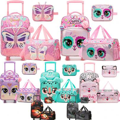 Kids Luggage Set With Wheels, Cute Cat Pattern Soft Shell Travel Suitcase, 16-Inch Carry-On With Travel Bag, Airline Compliant