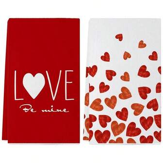 2/4pcs Red Heart Print Kitchen Towels, Cartoon Heart Design, Reusable Washable Hand Towels For Home, Kitchen, Bathroom, Car, Window Cleaning - Soft Knitted Dish Cloths, Valentine's Day Decor