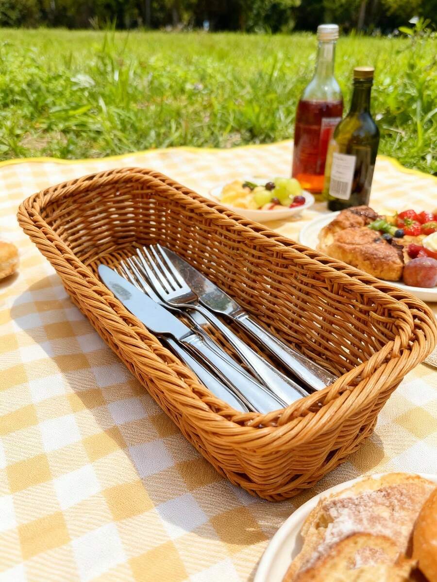 1pc Rectangular Rattan Cutlery Basket, Dual Color Options - Rattan Woven Utensil Storage Box For Kitchen Countertop And Drawers | Suitable For Tableware, Knives, Forks, Spoons Woven Storage Basket | Farmhouse Style Kitchen Organizer