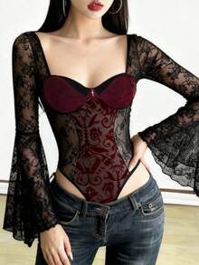 深V蕾丝撞色网纱连体衣，性感喇叭袖方领连体衣，女士修身半透明连体衣，Y2K - 黑色 - 查看 5