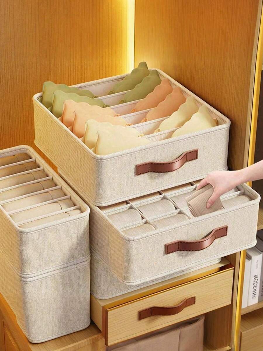 Minimalist Foldable Fabric Storage Box, Wardrobe, Vanity, Drawer Divider, Storage Bin, Bra Organizer, Autumn Decor, Home Decor, Bedroom Decor - Beige - View 1