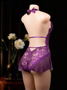 1pc Women's Sexy Lingerie, Purple Lace Mesh See-Through Crotchless Bodysuit