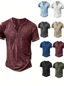 Mens Distressed Henley Shirts Short Sleeve Button T-Shirt Slim Fit Cotton Casual Shirt - Burgundy - View 4