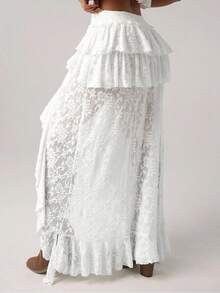 Womens Lace Skirt Summer New Irregular Design Sheer Hollow Out High Waist Slim Fit Skirt - 白色 - 查看 3
