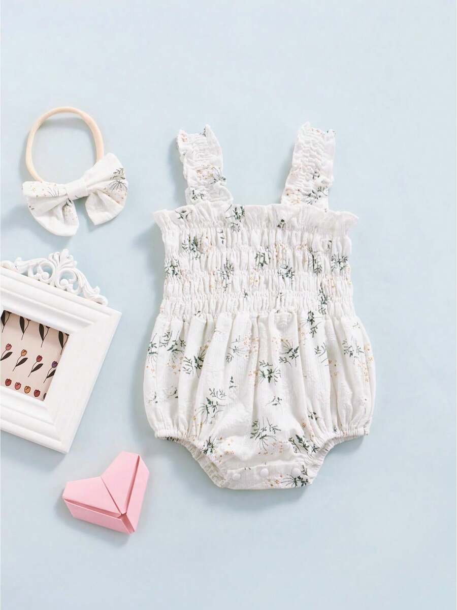 Floral Print Sleeveless Jumpsuit for Baby Girls with Elasticated Bust and Adjustable Straps, Plus Bow Headband - Blanco - Ver 1