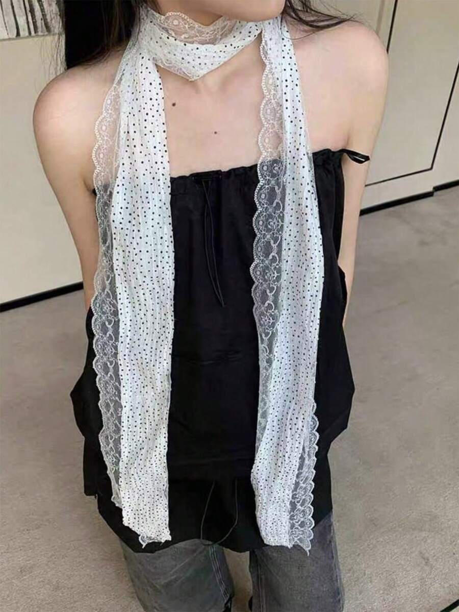 1pc White Polka Dot Lace Long Tie Neck Jewelry Summer With Thin Narrow Hairband Vintage Lace Lace Polka Dot Long Silk Scarf Women Spring Summer Fashionable Tie Decorative Neck Neck Scarf Fluttering Tape For Dress - White - View 1