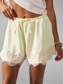 Women Drawstring Shorts Casual Loose Fit Stylish Solid Lace Trim Mid Rise Shorts - Light Yellow - View 2