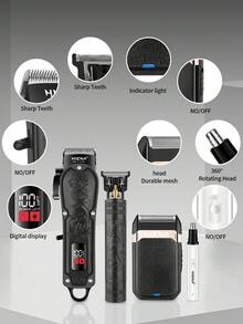 HIENA 男士四合一无线电动理容套装，包含理发器、修剪器、鼻毛修剪器，USB充电，专为全身理容设计，是理想的礼物之选。 - 黑色 - 查看 5