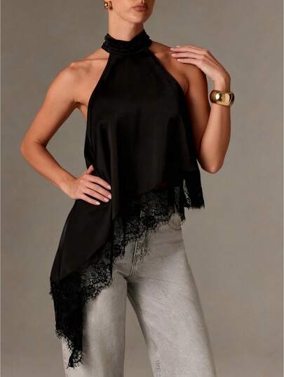 Women Satin Halter Top- High Neck Sleeveless Blouse With Lace Trim Asymmetrical Hem Elegant Party Shirt