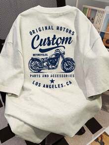 日系女式宽松圆领休闲百搭字母摩托车印花短袖T恤，春夏款 - 淺花灰 - 查看 4