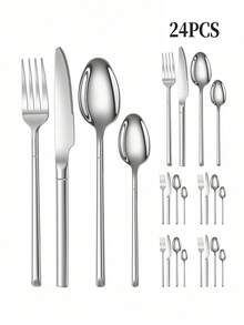 4/16/24件套不锈钢骑士牛排刀叉勺餐具套装，适合家庭聚会、酒店、派对、餐厅、婚礼、礼品 - 銀色 - 查看 7