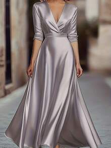优雅V领长袖A字连衣裙，奢华缎面面料，适合派对、婚礼和通勤等场合，女士秋季新款时尚连衣裙 - 淺灰紫 - 查看 4