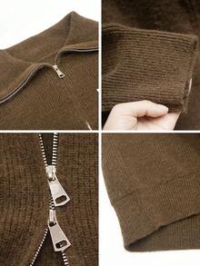 Maillard Turndown Collar Zip-Up Knit Cardigan Sweater For Women, Loose Fit Thick Outerwear For Autumn/Winter - Brown - View 9
