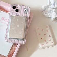 1 Set Korean Ins Girly Minimalist Bow Leather Magnetic Wireless Charging Magsafe Magnetic Card Holder Case Wallet Compatible With Iphone 16 Pro Max/15 Pro, 14/13/12/11