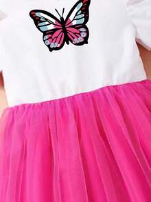 女童蝴蝶印花短袖网纱连衣裙 - 玫紅色 - 查看 4