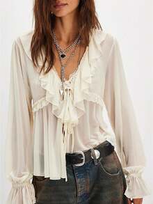Women Sheer Loose Top Y2k V Neck Solid Color Poncho Tops Fairy Grunge Bat Sleeve Mesh Oversized Poncho Blouses - 白色 - 查看 1