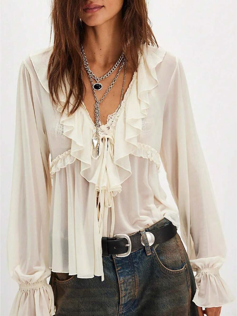 Women Sheer Loose Top Y2k V Neck Solid Color Poncho Tops Fairy Grunge Bat Sleeve Mesh Oversized Poncho Blouses - 白色 - 查看 1