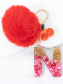 1 Piece Of Rose Red English Letter Resin Keychain With Bubble Hair Ball And Red Cherry Decoration 18K Gold Lobster Buckle Design, Suitable For Bag Chains, Mobile Phone Hanging Chains, Keychains, And Gifts For Friends And Mothers - Red - View 8